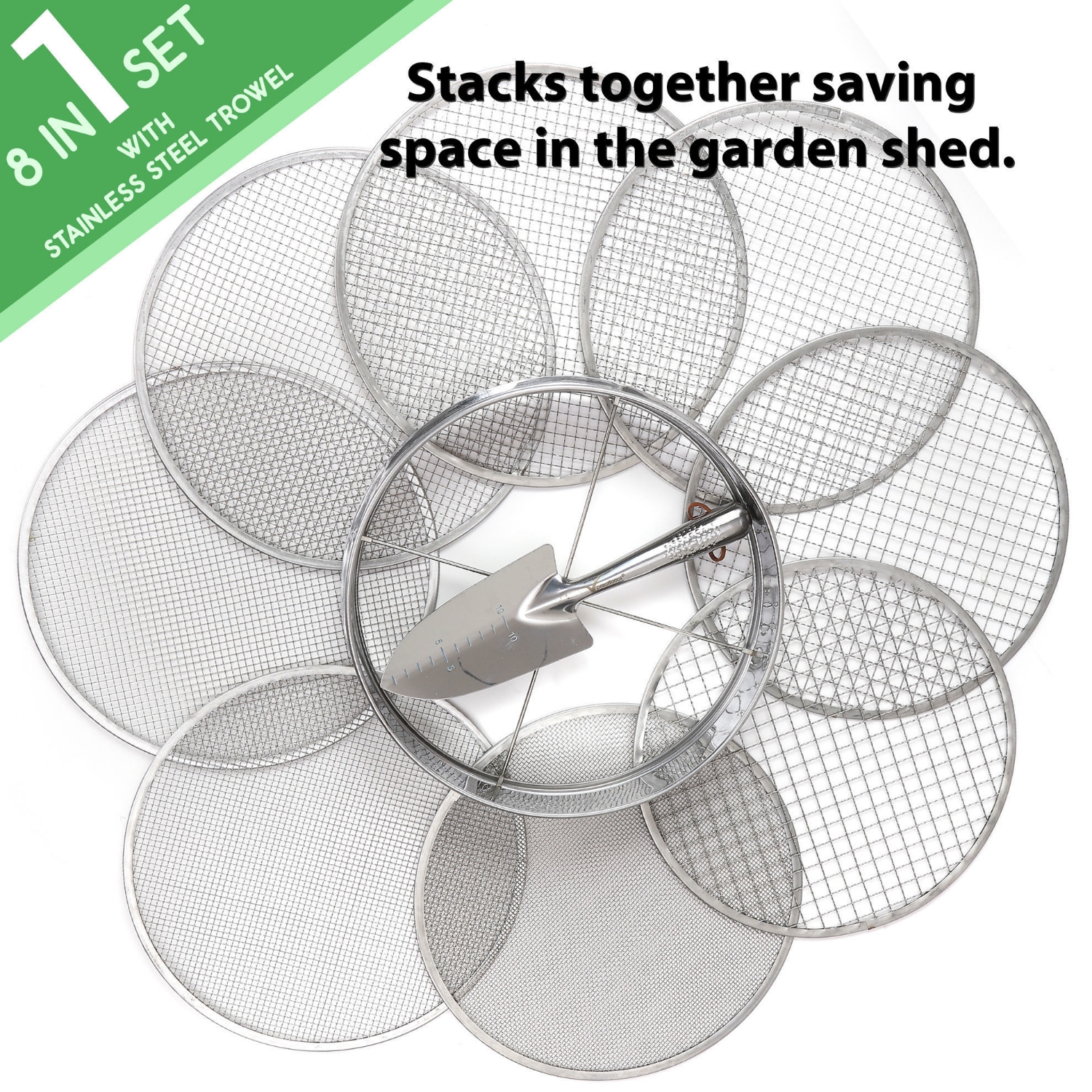 Picture of Practicool Garden Potting Mix Sieve - Stainless Steel Riddle - Soil sifting pan - with 8 Filter mesh Sizes - 2,3,4,6,7,9,11,12 mm and Bonus Spade