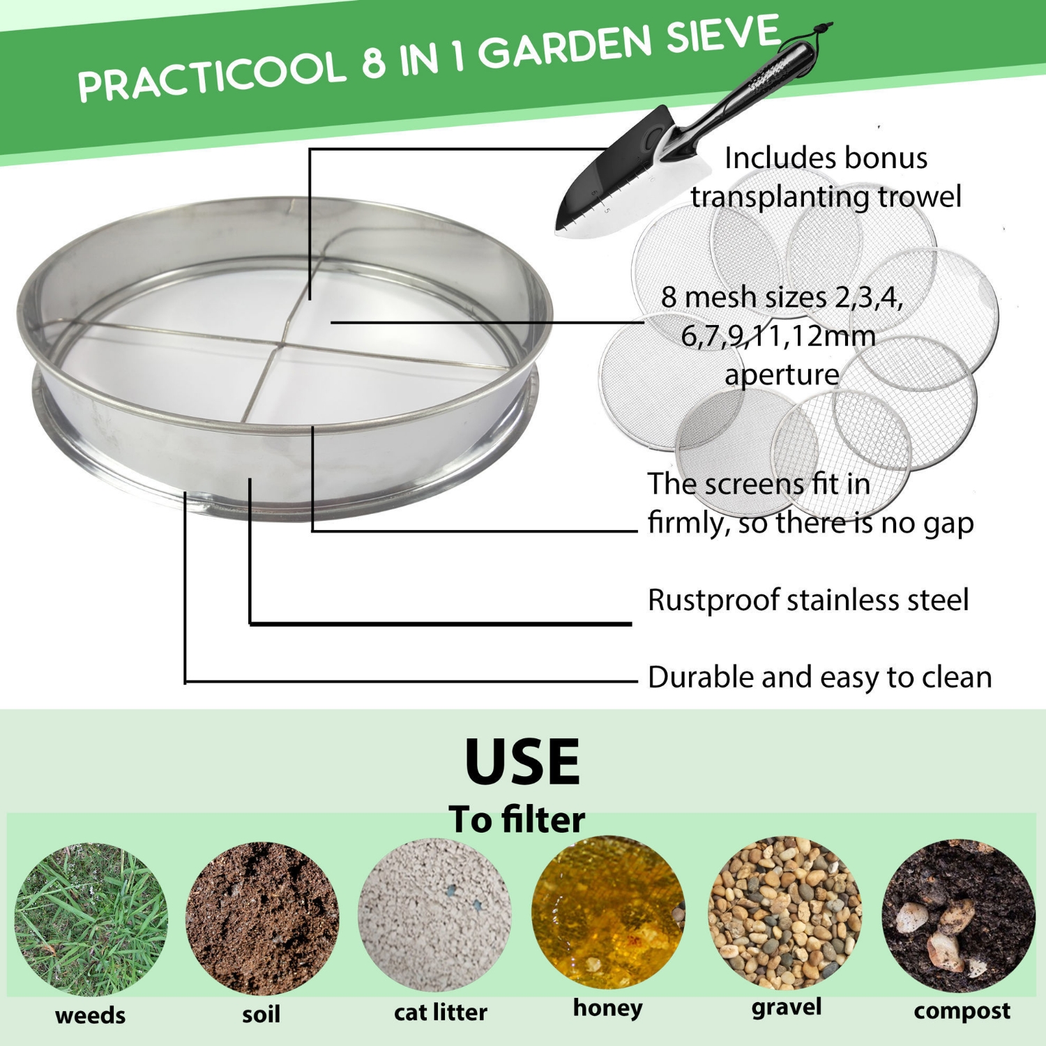thumbnail image 2 of Stainless Steel Soil Sieve Set - 12" Diameter With 5 Mesh Sizes & Shovel For Gardening 2 of 10